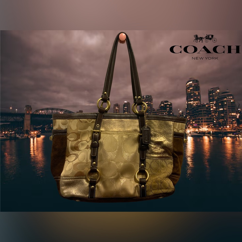 VTG COACH Brown Cream and Gold Patchwork Suede Leather Tote Bag